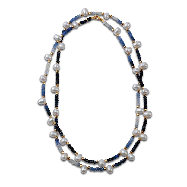 Arizona Blue Sapphire Pearl Gold Bead Double Strand Necklace