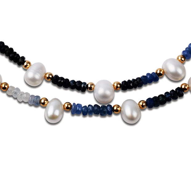 Arizona Blue Sapphire Pearl Gold Bead Double Strand Necklace