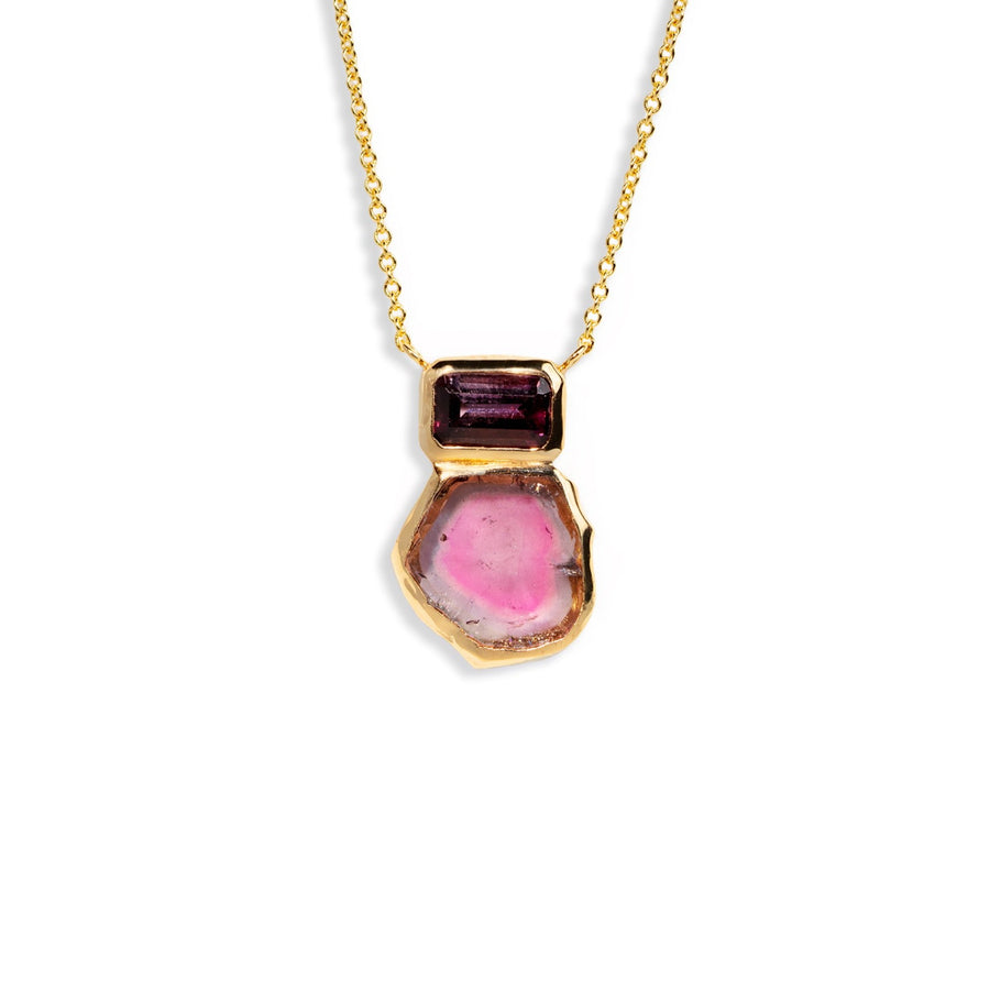 Pink Lilac Tourmaline Slice Gold Bezel Necklace