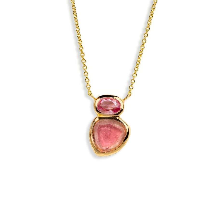 Pink Tourmaline Slice Oval Gemstone Gold Bezel Necklace