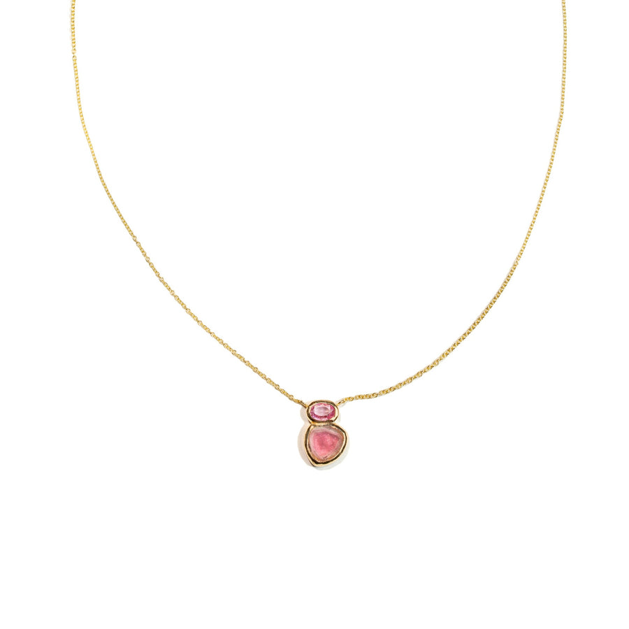 Pink Tourmaline Slice Oval Gemstone Gold Bezel Necklace