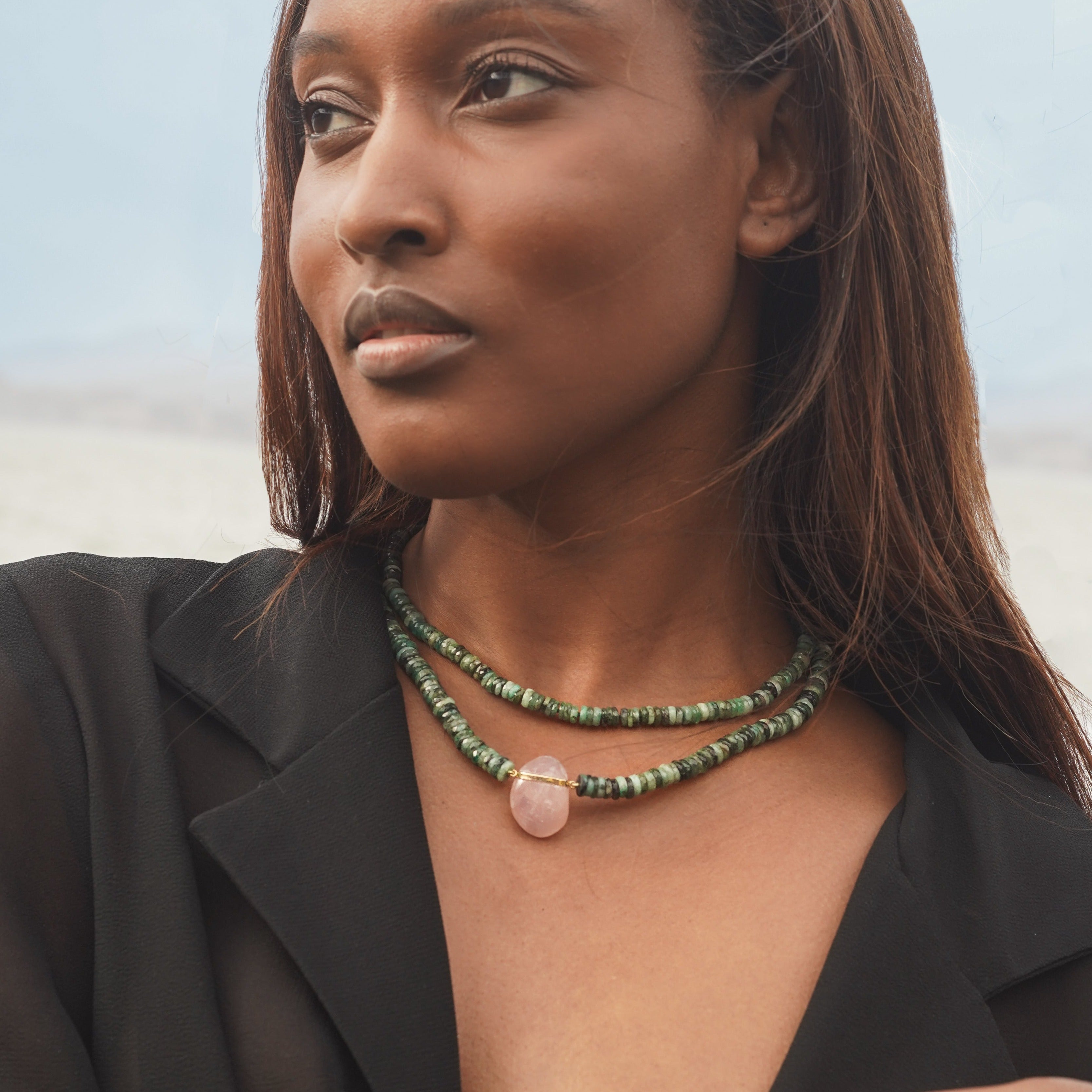 Atlas Emerald Rose Quartz Charm Necklace