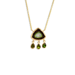 Green Tourmaline Slice Triple Dangle Necklace