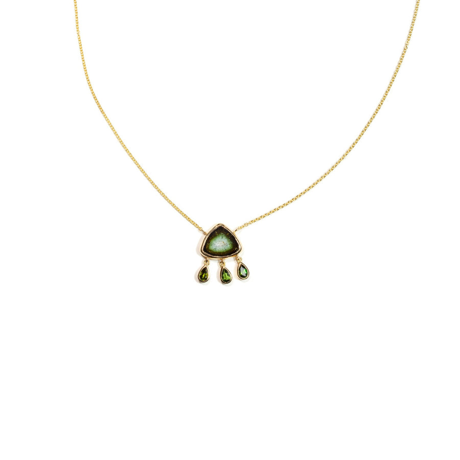 Green Tourmaline Slice Triple Dangle Necklace