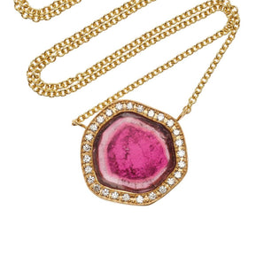 Pink Tourmaline Slice Diamond Halo Necklace
