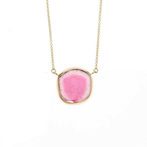 Pink Tourmaline Slice Gold Bezel Necklace