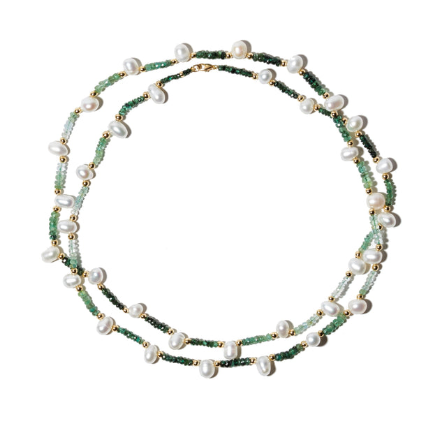 Arizona Emerald Pearl Gold Bead Double Strand Necklace