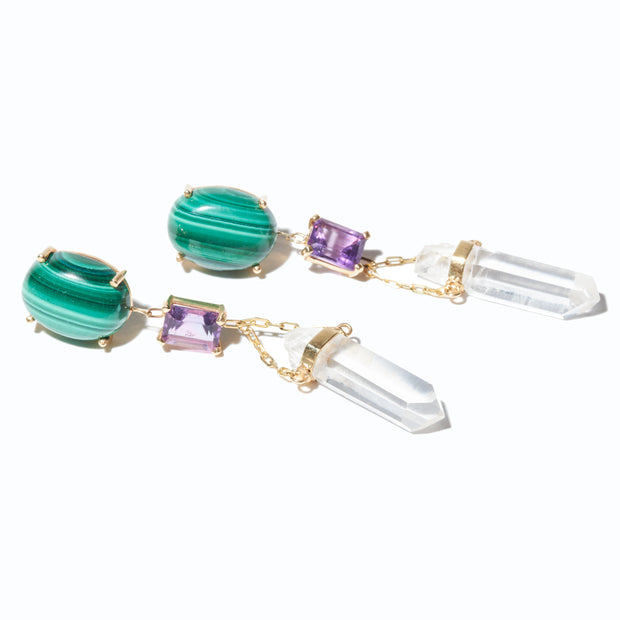 Malachite Amethyst & Crystal Quartz Earrings