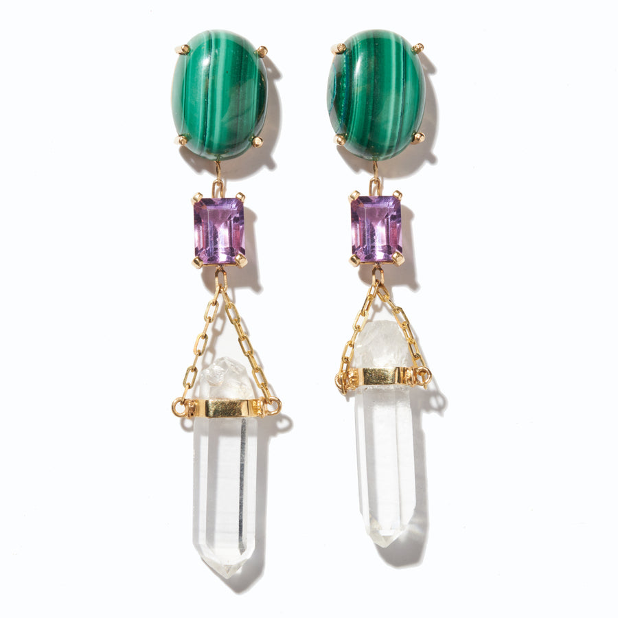 Malachite Amethyst & Crystal Quartz Earrings