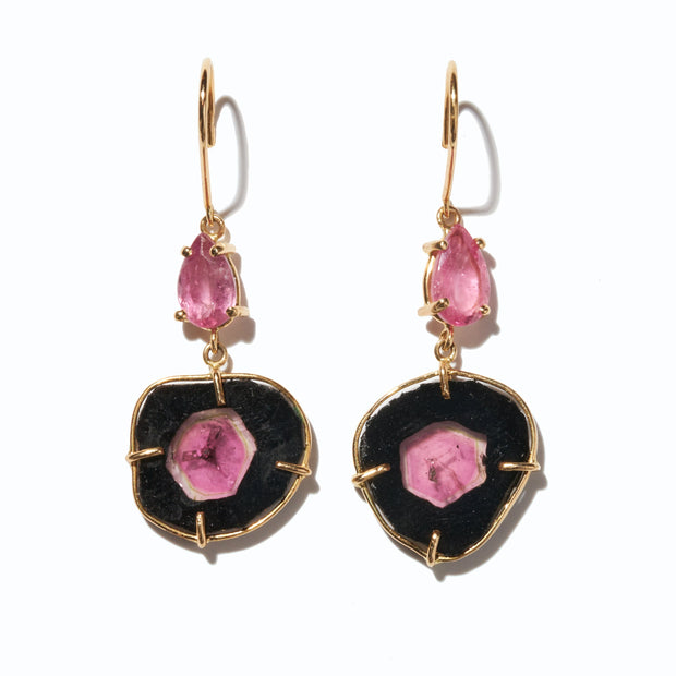 Pink and Black Tourmaline Slice Earrings