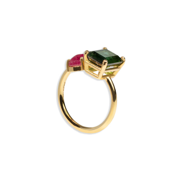 Pink and Green Tourmaline Cabochon & Emerald Cut Moi et Toi Ring