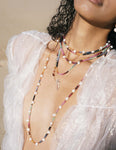 Arizona Dark Rainbow Sapphire Pearl Gold Bead Double Long Necklace