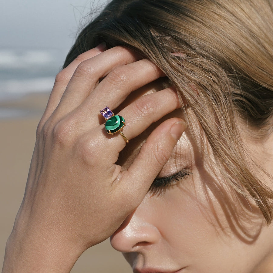 Malachite Amethyst Moi et Toi Gemstone Ring