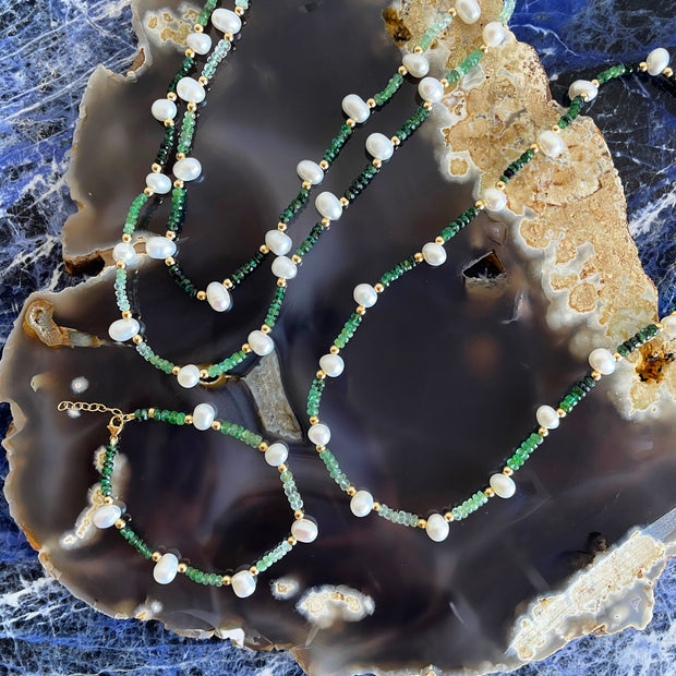 Arizona Emerald Pearl Gold Bead Double Strand Necklace