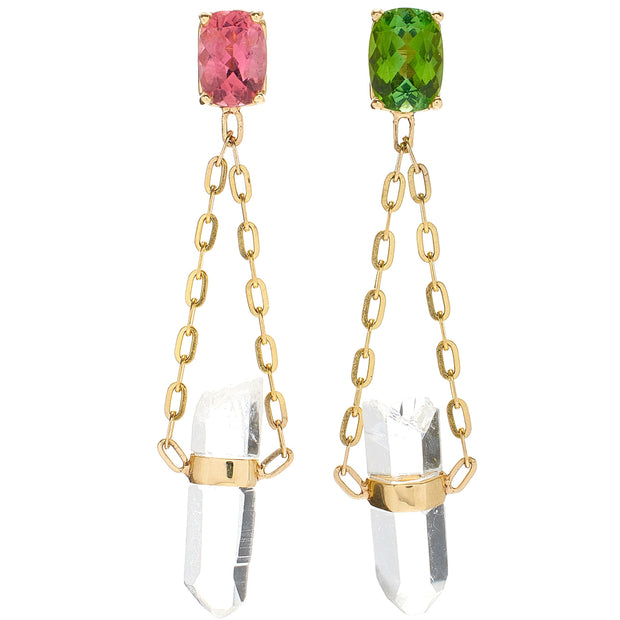 Pink & Green Tourmaline Crystal Quartz Gold Bar Earring