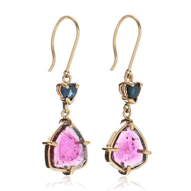 Sapphire Heart Pink Tourmaline Slice Earrings