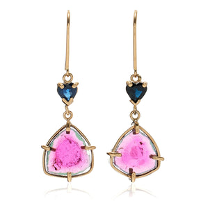 Sapphire Heart Pink Tourmaline Slice Earrings