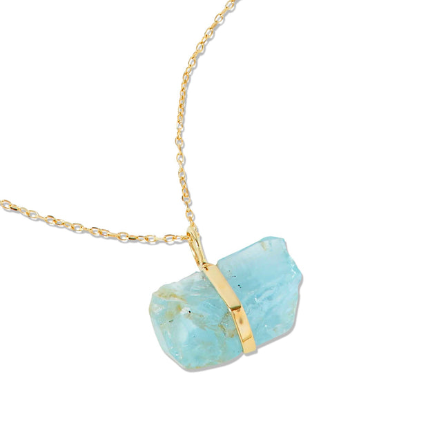 March Birthstone Aquamarine Gold Bar Charm Necklace
